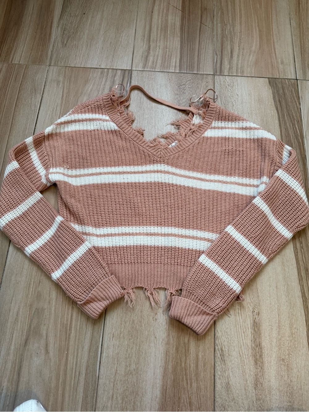 Women's Striped Distressed V-Neck Sweater - Pink & White